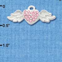 C3155 ctlf - Pink Swarovski Crystal Heart with Silver Textured Wings - Silver Charm (2 per package)