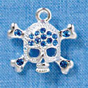 C3162 - Silver Skull and Crossbones with Sapphire Blue Swarovski Crystals - Silver Charm (2 per package)