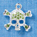 C3163 - Silver Skull and Crossbones with Peridot Green Swarovski Crystals - Silver Charm (2 per package)