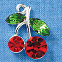 C3164 - Red Swarovski Cherries with Emerald Swarovski Leaves - Silver Charm (2 per package)