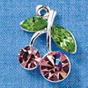 C3165 - Pink Swarovski Cherries with Peridot Swarovski Leaves - Silver Charm (2 per package)