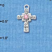 C3305 - Silver Scroll Cross with Pink Swarovski Crystal - Silver Charm (6 charms per package)
