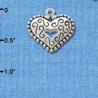 C3349+ - Large Antiqued Silver Heart with Swirls and Beaded Border - 2 Sided - Silver Charm (6 charms per package)