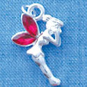 C3507 tlf - Small Silver Fairy with Magenta Resin Wings - Silver Charm
