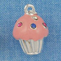 C4033+14 tlf - Medium Pink Cupcake with Multicolored Swarovski Crystal Sprinkles - Silver Plated Charm (6 per package)