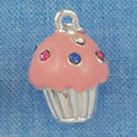 C4033+14 tlf - Medium Pink Cupcake with Multicolored Swarovski Crystal Sprinkles - Silver Plated Charm (6 per package)