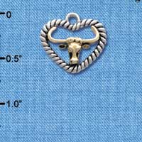 C4068 tlf - Gold Longhorn in Silver Rope Heart - Im. Rhodium and Gold Plated Charm (6 per package)