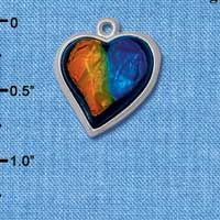 C4070* tlf - Blue, Green, Yellow Resin Heart in Floral Heart Frame - Silver Plated Charm