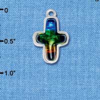 C4074* tlf - Blue, Green, Yellow Resin Thin Cross in Floral Thin Cross Frame - Silver Plated Charm