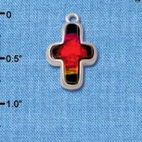 C4076* tlf - Pink, Orange, Yellow Resin Thin Cross in Floral Thin Cross Frame - Silver Plated Charm