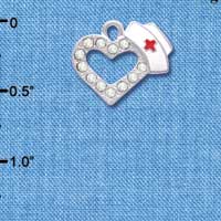 C4082 tlf - Small Swarovski Crystal Heart with Nurse Hat - Silver Plated Charm (2 per package)