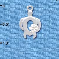 C4096 tlf - Open Sea Turtle with Pearl White Plumeria Flower - Silver Plated Charm (6 per package)
