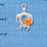 C4101 tlf - Open Sea Turtle with Hot Orange Plumeria Flower - Silver Plated Charm (6 per package)