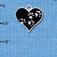 C4144+ tlf - Black Enamel Heart with Silver Paw Prints - Silver Plated Charm (6 per package)
