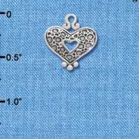 C4397 tlf - Antiqued Reptile Print Open Heart - 2 Sided - Silver Plated Charm (6 per package)