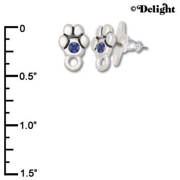 F1116 - Mini Silver Paw with Blue Swarovski Crystal with Loop - Post Earrings (3 pair per package)