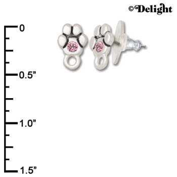 F1117 - Mini Silver Paw with Light Pink Swarovski Crystal with Loop - Post Earrings (3 pair per package)