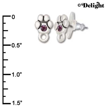 F1118 - Mini Silver Paw with Purple Amethyst Swarovski Crystal with Loop - Post Earrings (3 pair per package)