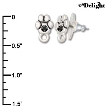 F1122 - Mini Silver Paw with Black Swarovski Crystal with Loop - Post Earrings (3 pair per package)