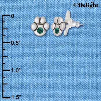 F1129 - Mini Silver Paw with Emerald Green Swarovski Crystal - Post Earrings (3 pair per package)