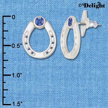 F1259 tlf - Large Silver Horseshoe with Sapphire Blue Swarovski - Post Earrings (3 Pair per Package)