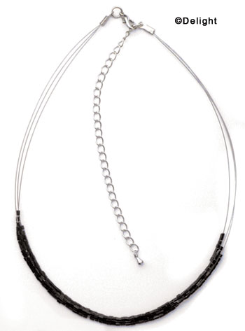 F1305 tlf - 3 Strand - Black Glass Tube Bead Necklace (15