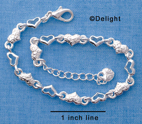 F1327 tlf - Mini Scroll Heart & Open Heart Silver Charm Bracelet (7