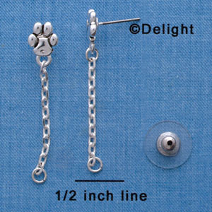 F1418 tlf - Mini Paw with Dangle Chain - Silver Plated Post Earrings (3 Pair per Package)