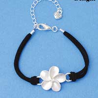 BR-F1509-F1525 tlf - Large Enamel Pearl White Plumeria Flower - Silver Plated Black Suede Bracelet (2 per package)