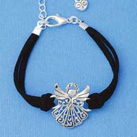 BR-F1515-F1525 tlf - Large Angel - Silver Plated Black Suede Bracelet (2 per package)