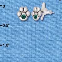 F1129 - Mini Silver Paw with Emerald Green Swarovski Crystal - Post Earrings (3 pair per package)