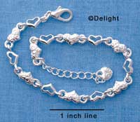 F1327 tlf - Mini Scroll Heart & Open Heart Silver Charm Bracelet (7