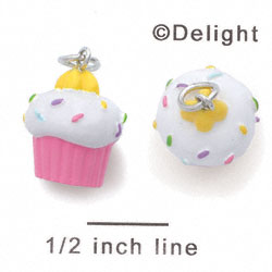 N1096+ tlf - Pink Cupcake with White Frosting and Sprinkles - 3-D Hand Painted Resin Charm (6 Charms per package)