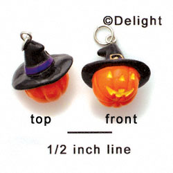 N1111+ tlf - Jack-o-Lantern with Witch Hat - 3-D Hand Painted Resin Charm (6 per package)
