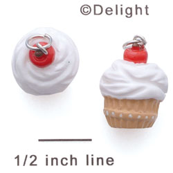 N1119+ tlf - Vanilla Cupcake with White Frosting and Cherry Top - 3-D Handpainted Resin Charm (6 per package)