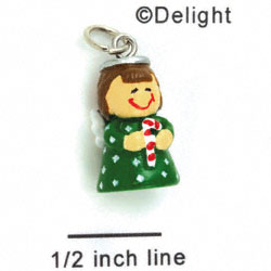 N1134+ tlf - Green Angel Holding Candy Cane - 3-D Handpainted Resin Charm (6 per package)